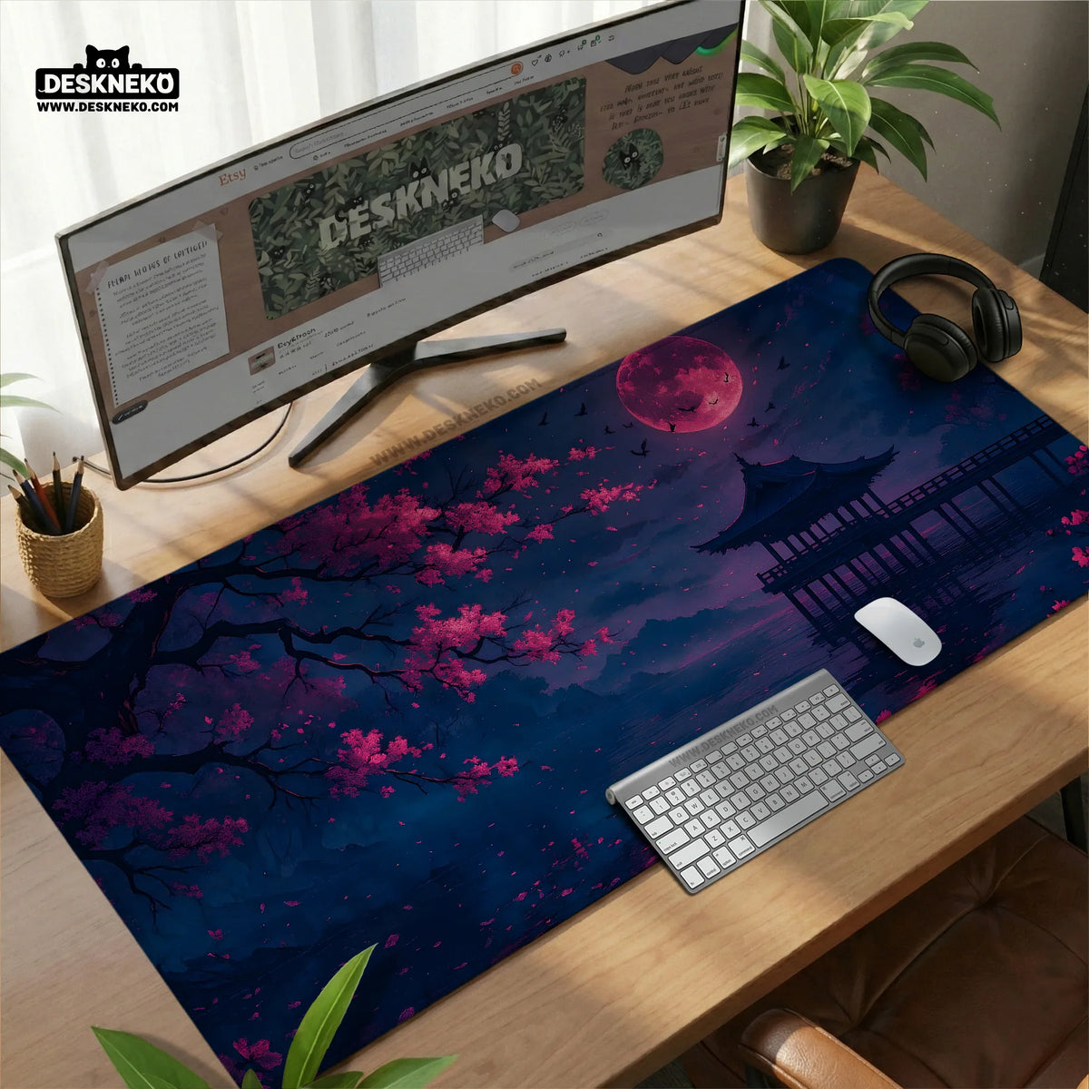 Dark sakura cherry blossom desk mat