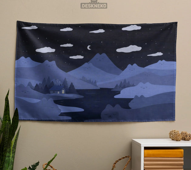 Navy cat hills wall tapestry cozy night landscape