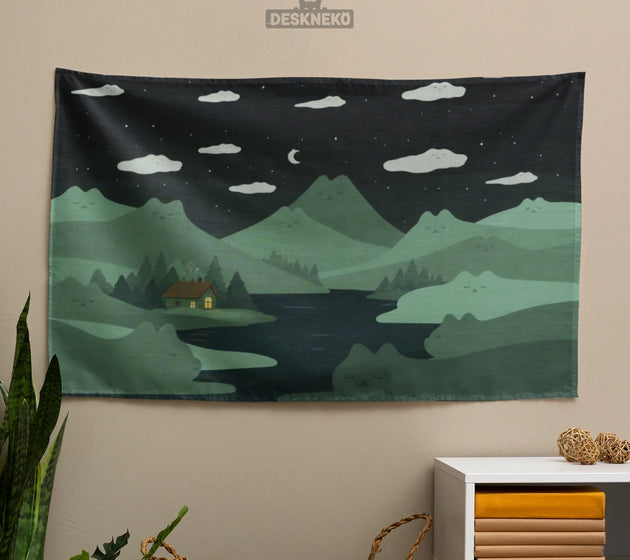 Green cat hills wall tapestry cozy night landscape