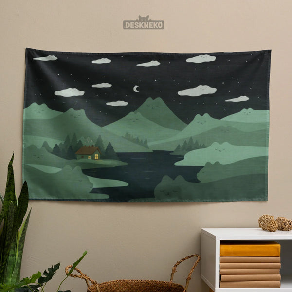 Green Cat Hills Wall Tapestry Cozy Night Landscape - Deskneko