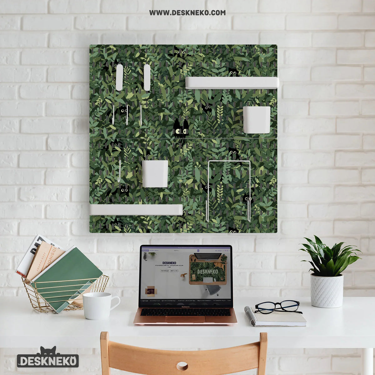 Botanical cat desk pegboard organizer, forest green workspace storage