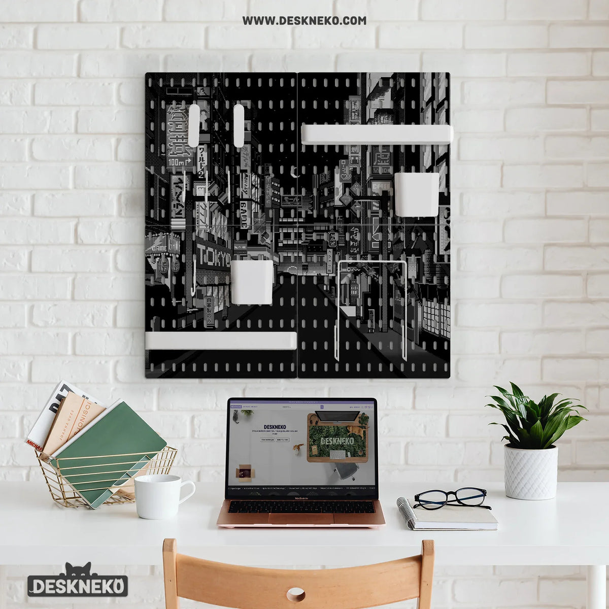 Tokyo night pixel pegboard organizer, cyberpunk wall storage