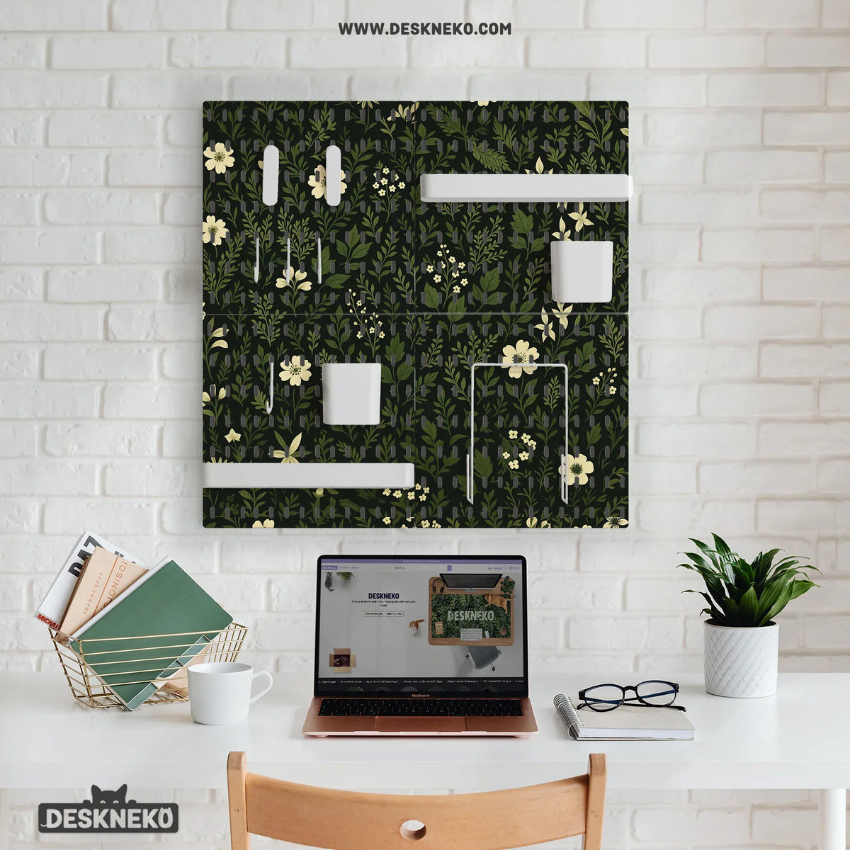 Botanical Pegboard Organizer with Dark Green Floral Pattern - Deskneko