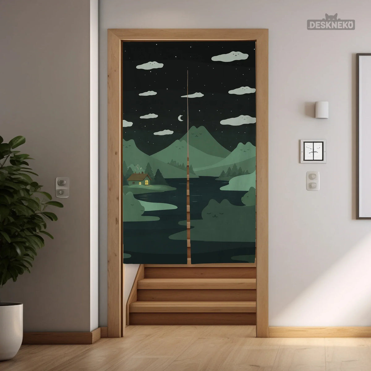 Forest green cat hills noren door curtain