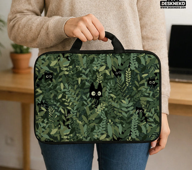 Botanical cat laptop sleeve & bag, forest green aesthetic case
