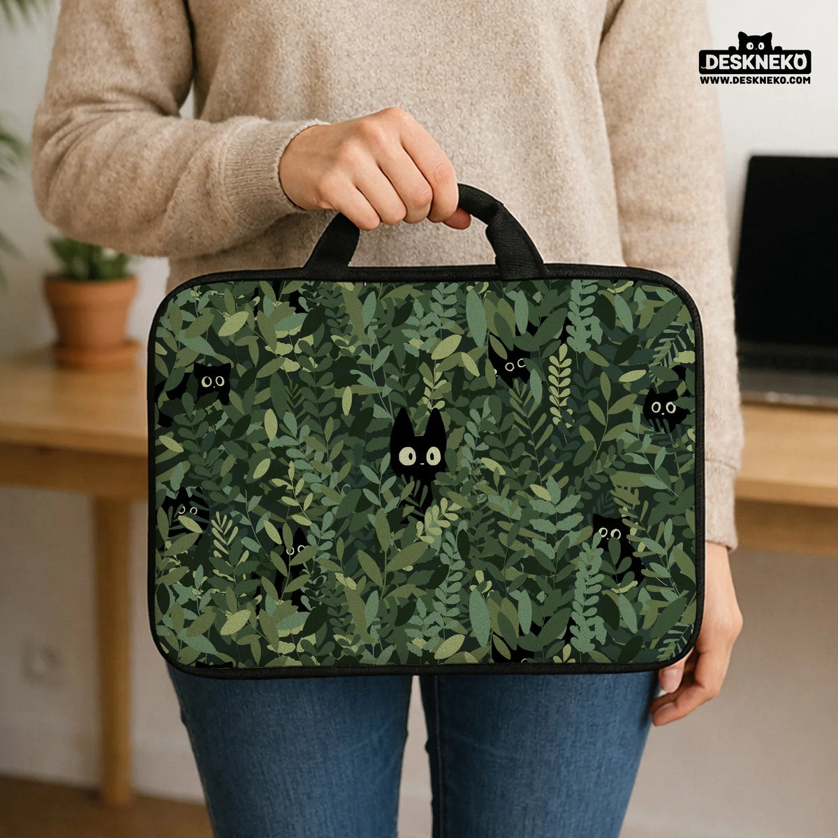 Botanical cat laptop sleeve & bag, forest green aesthetic case