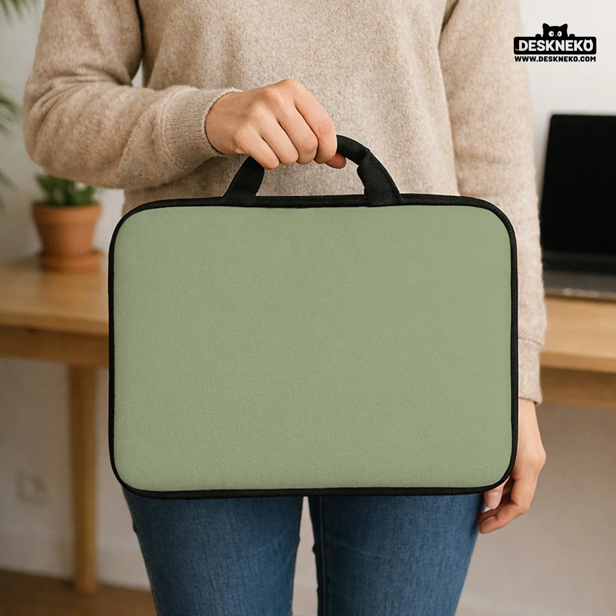 Sage green laptop bag with shoulder strap & handle