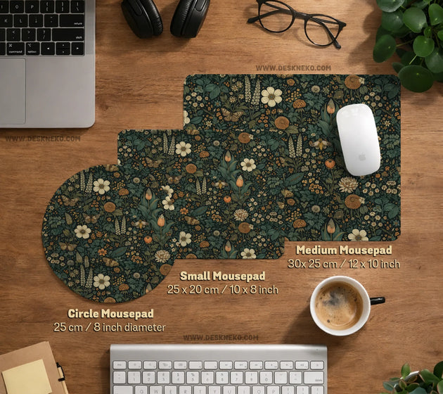 Dark floral cottagecore desk mat with botanical butterflies