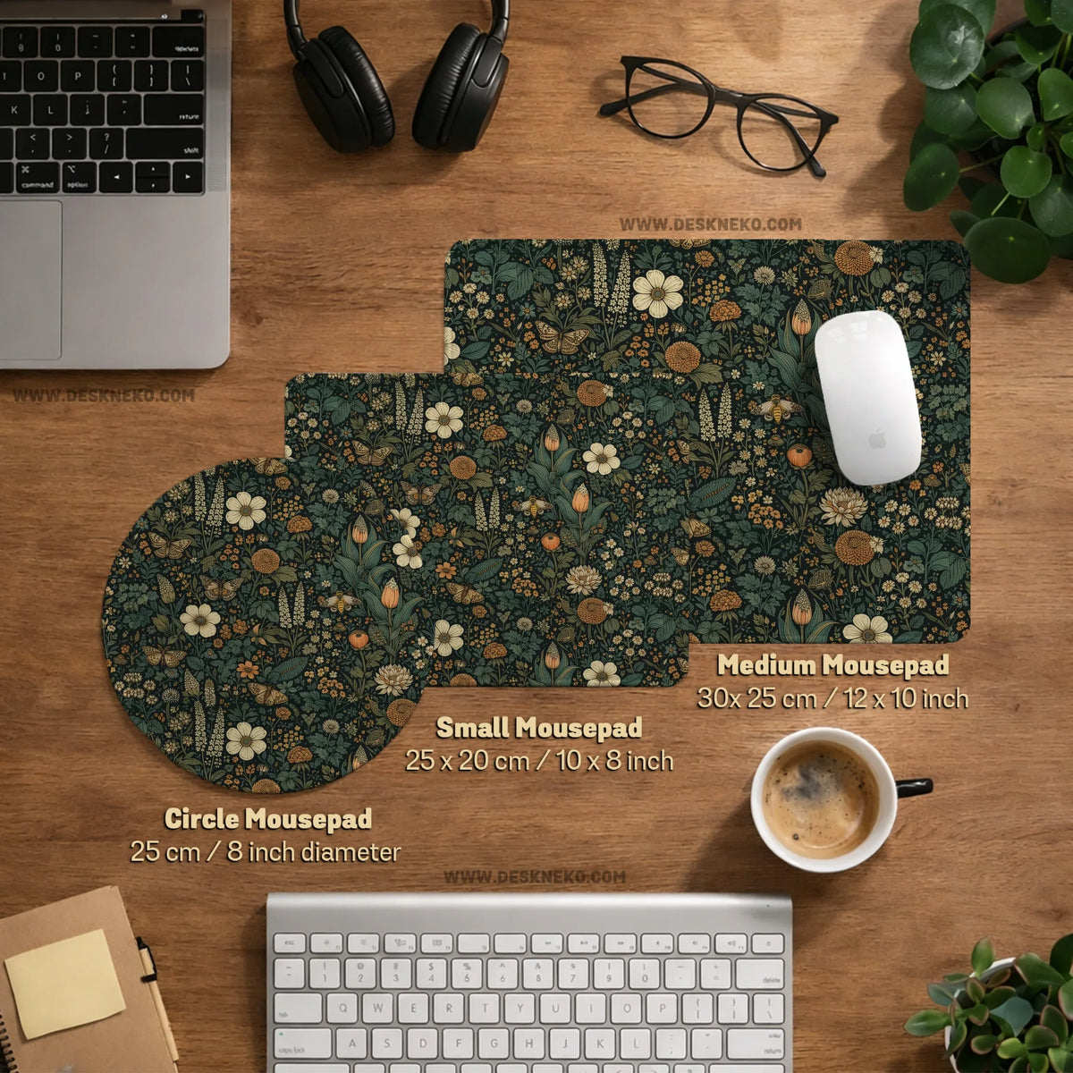 Dark floral cottagecore desk mat with botanical butterflies