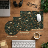 Dark floral cottagecore desk mat with botanical butterflies