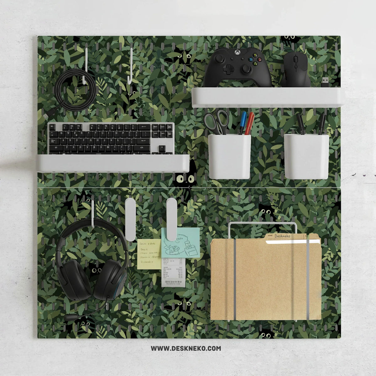 Botanical cat desk pegboard organizer, forest green workspace storage