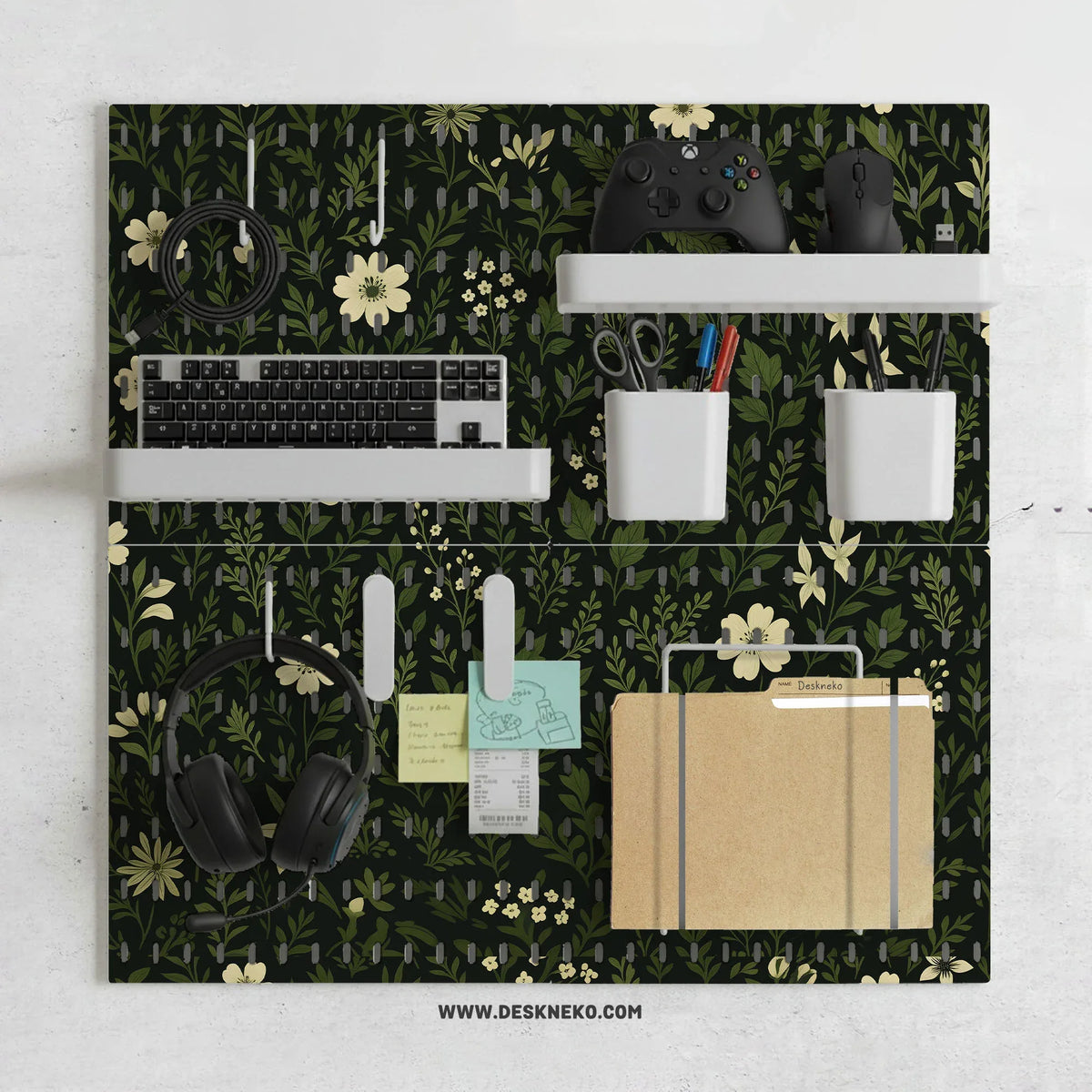 Botanical pegboard organizer with dark green floral pattern