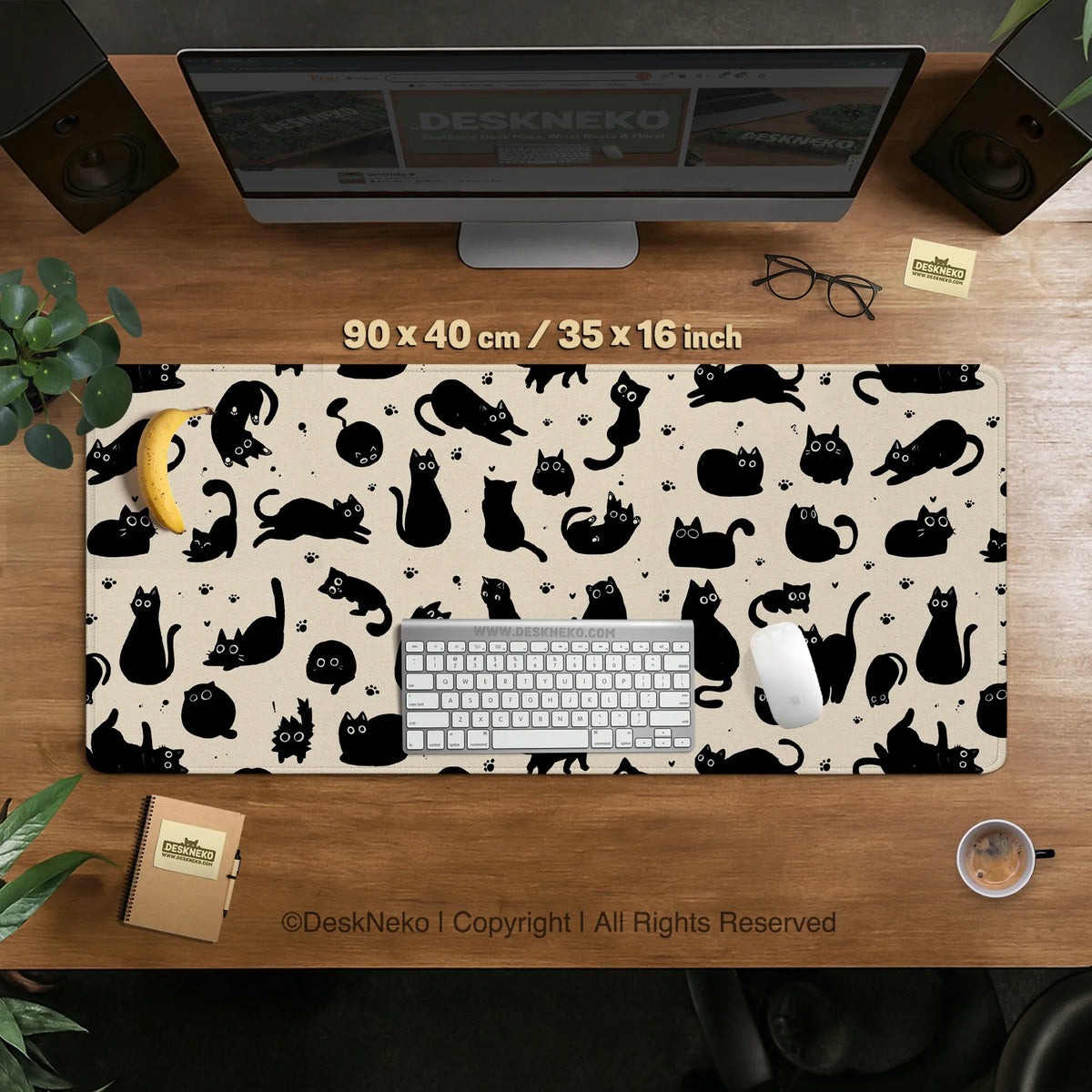 Black cat desk mat, cute XL mousepad for cozy office and gaming setup