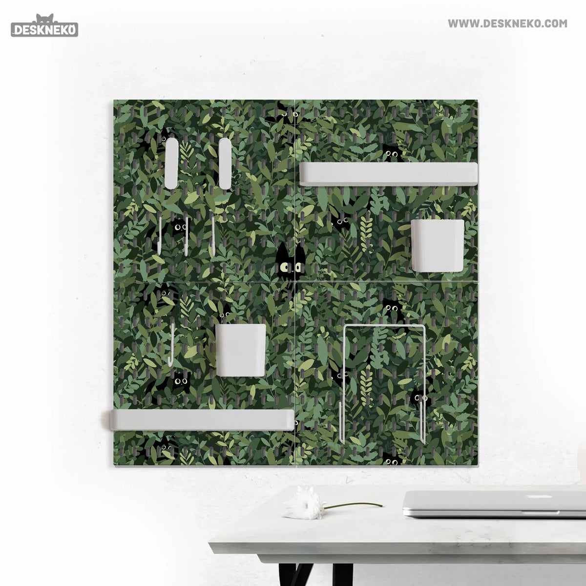 Botanical cat desk pegboard organizer, forest green workspace storage