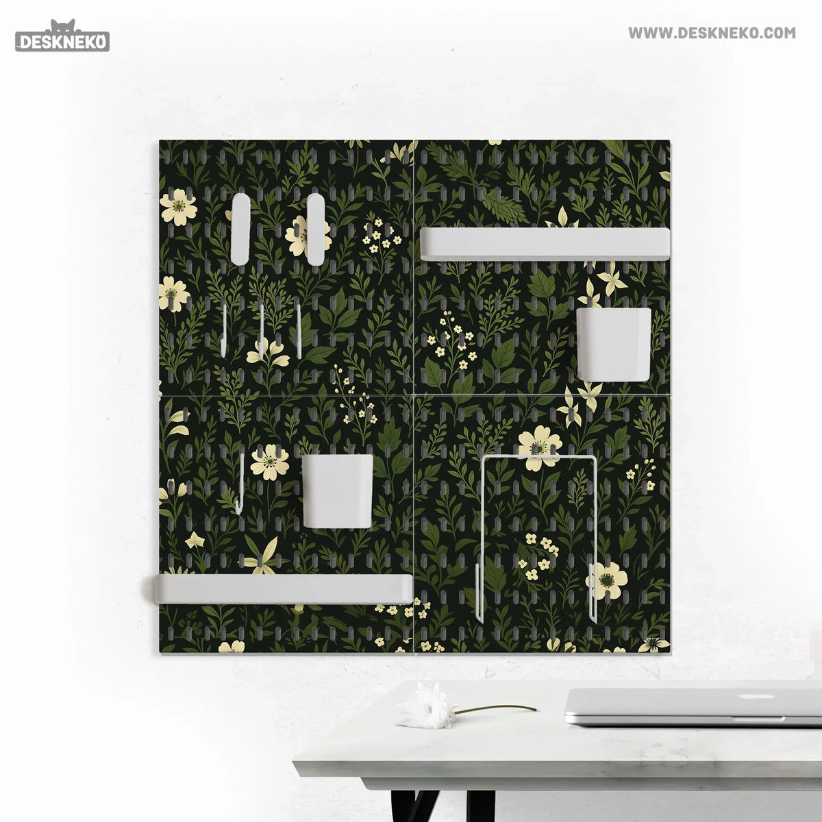 Botanical Pegboard Organizer with Dark Green Floral Pattern - Deskneko