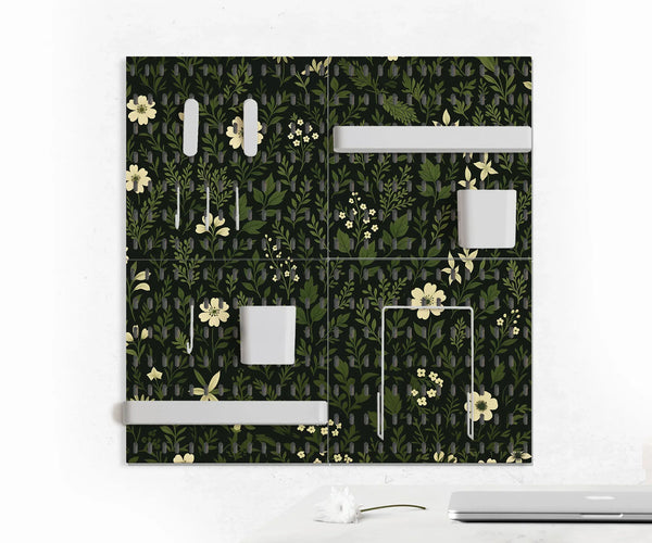 Botanical Pegboard Organizer with Dark Green Floral Pattern - Deskneko