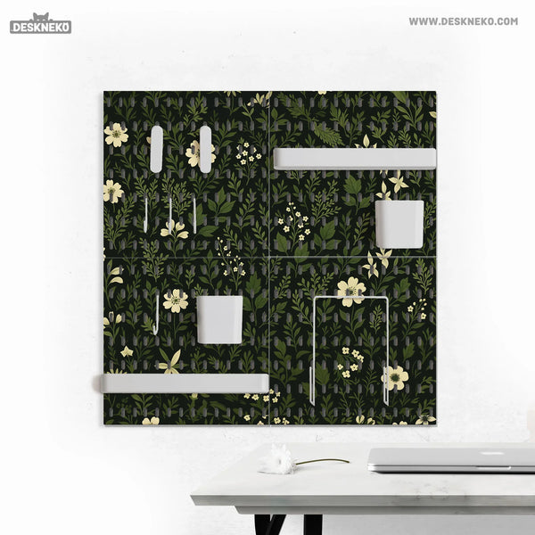 Botanical Pegboard Organizer with Dark Green Floral Pattern - Deskneko