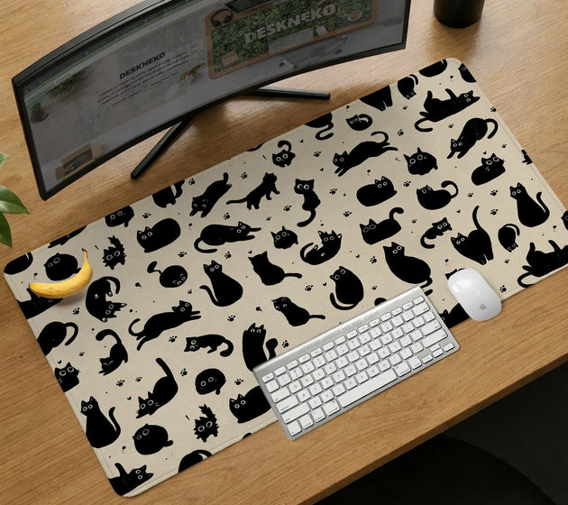 Black cat desk mat, cute XL mousepad for cozy office and gaming setup