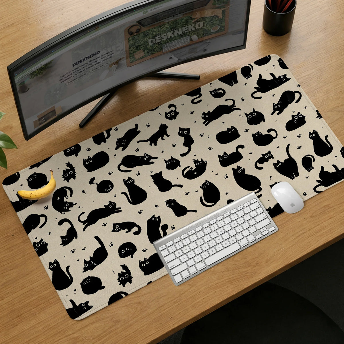 Black cat desk mat, cute XL mousepad for cozy office and gaming setup