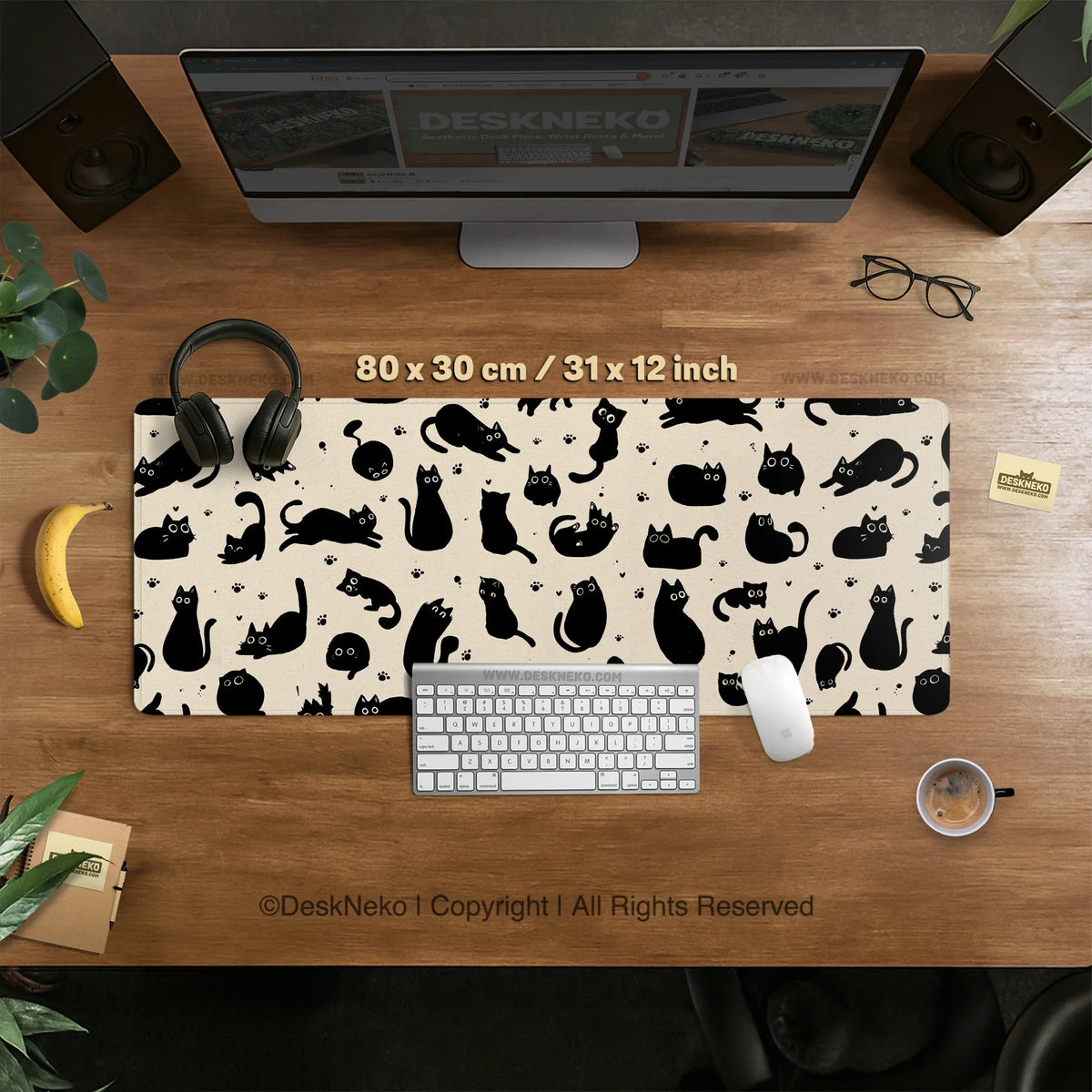 Black cat desk mat, cute XL mousepad for cozy office and gaming setup