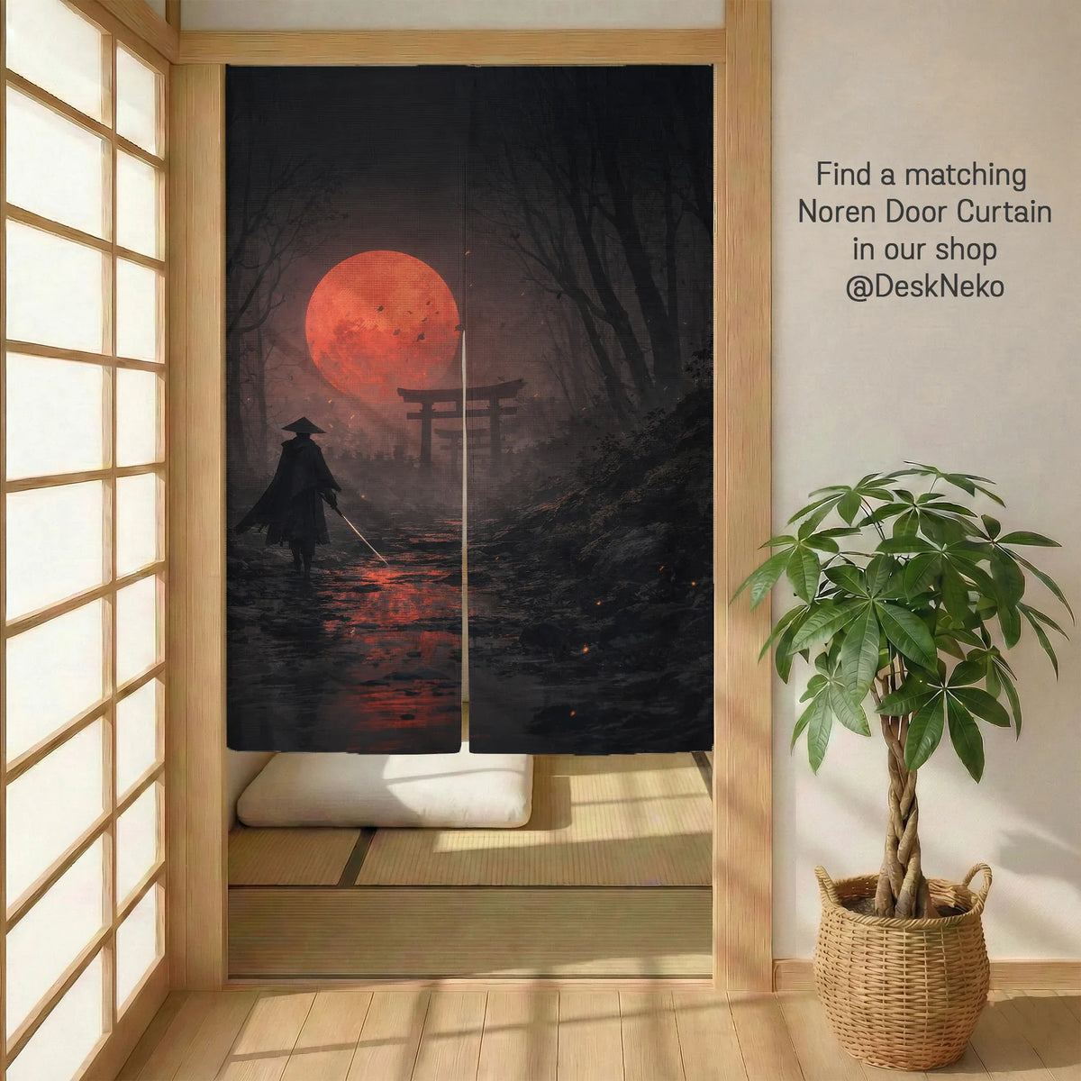 Samurai red moon wall tapestry decor
