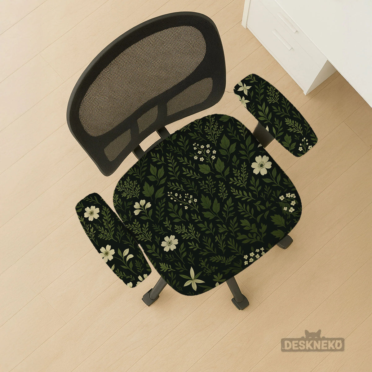 Botanical office chair cover with dark green floral pattern