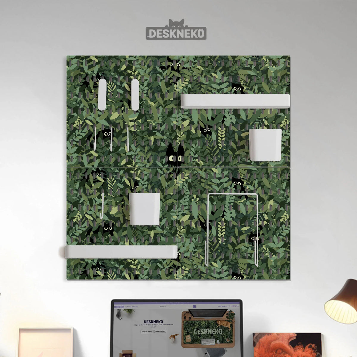 Botanical cat desk pegboard organizer, forest green workspace storage
