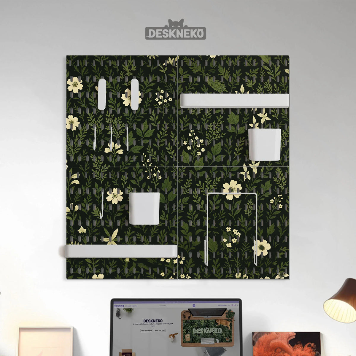 Botanical pegboard organizer with dark green floral pattern
