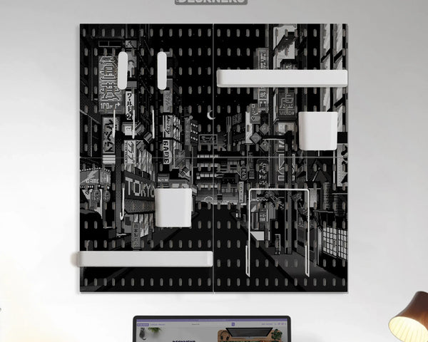 Tokyo night pixel pegboard organizer, cyberpunk wall storage