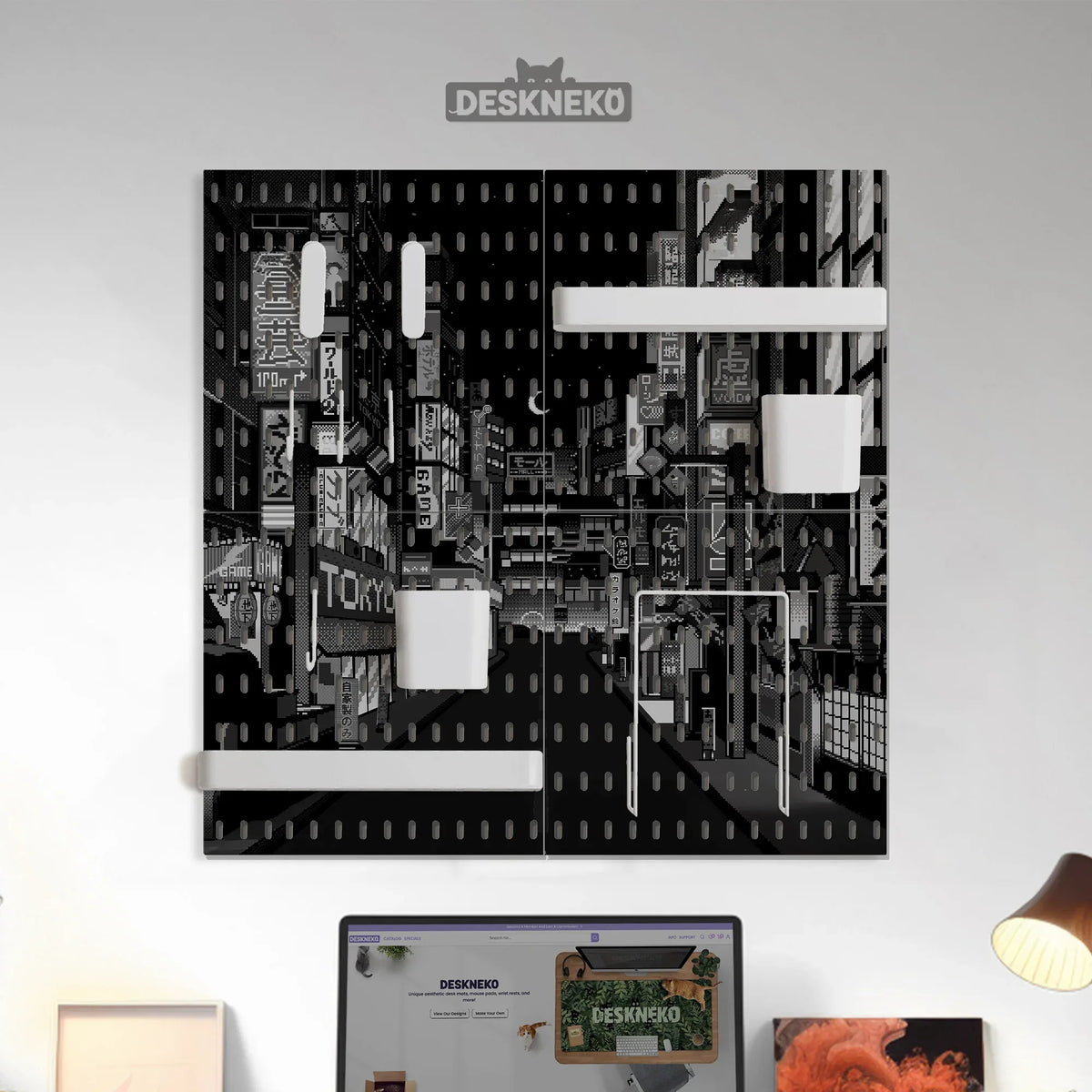Tokyo night pixel pegboard organizer, cyberpunk wall storage