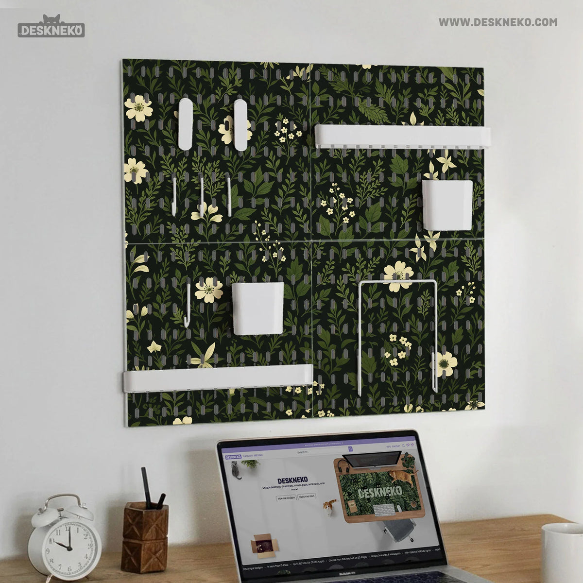 Botanical pegboard organizer with dark green floral pattern