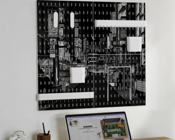 Tokyo night pixel pegboard organizer, cyberpunk wall storage
