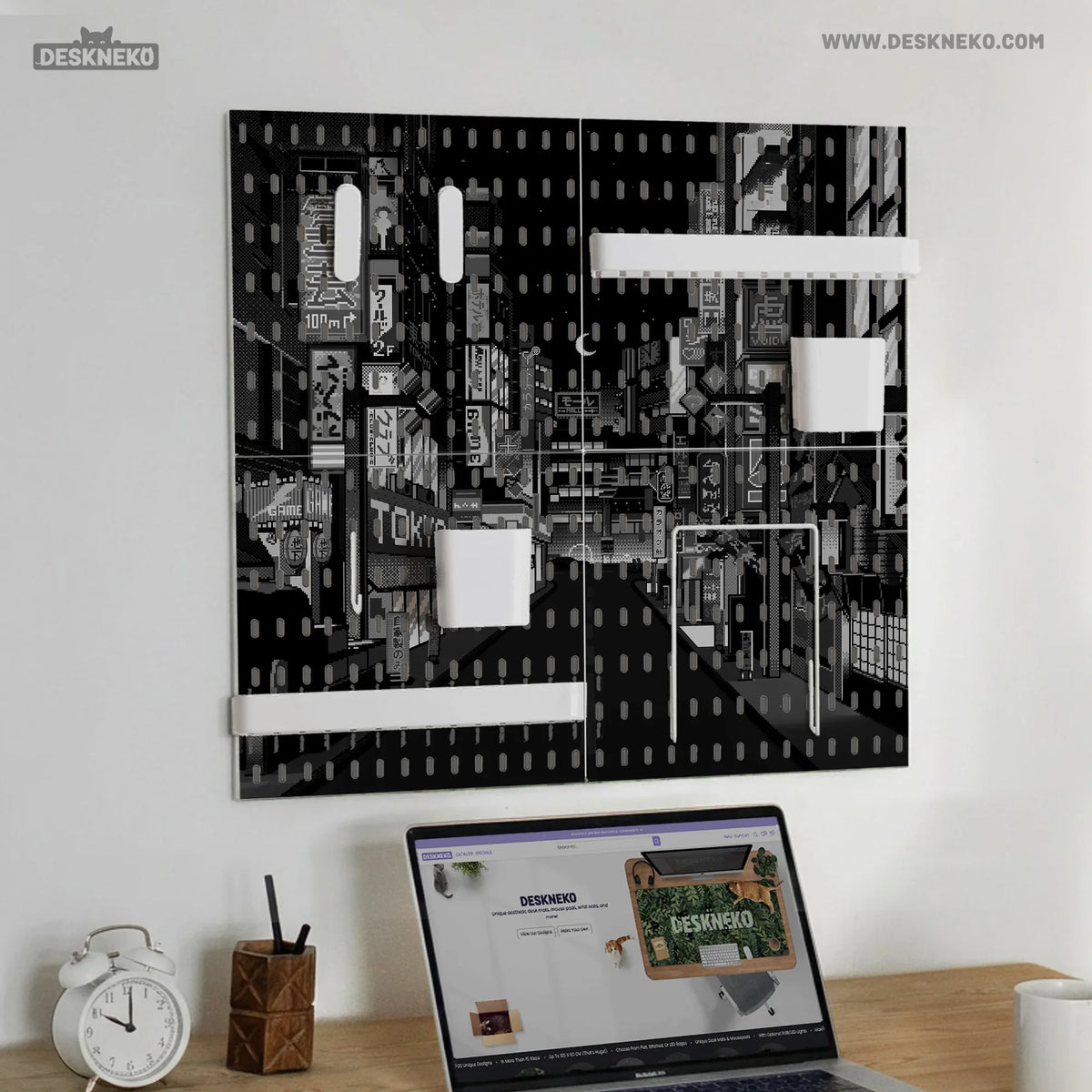 Tokyo night pixel pegboard organizer, cyberpunk wall storage