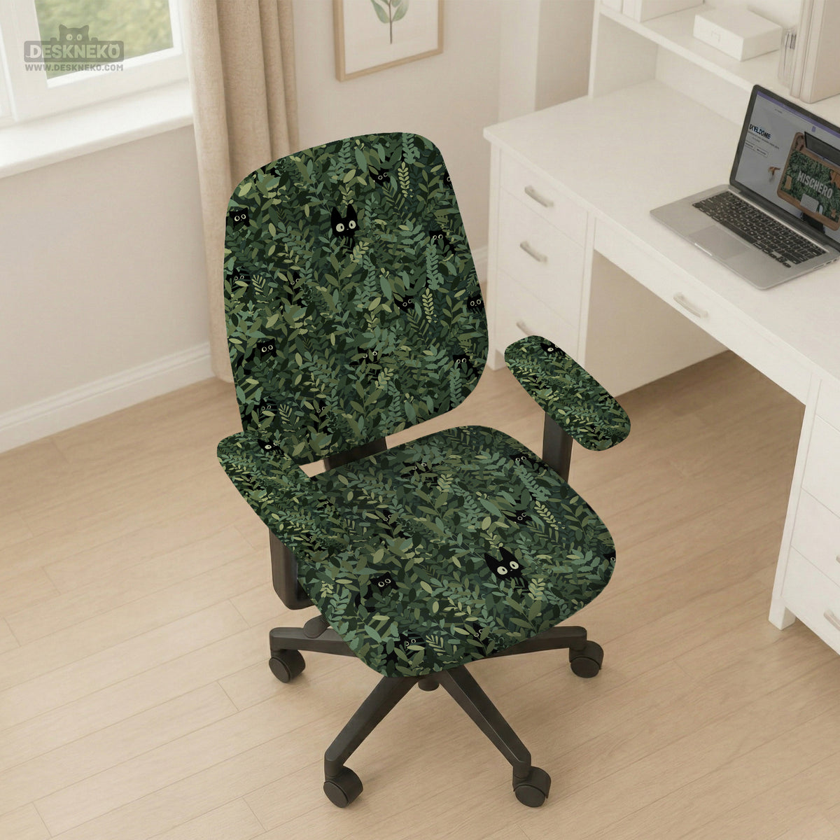 Gaming chair cover, green botanical cat office chair slipcover