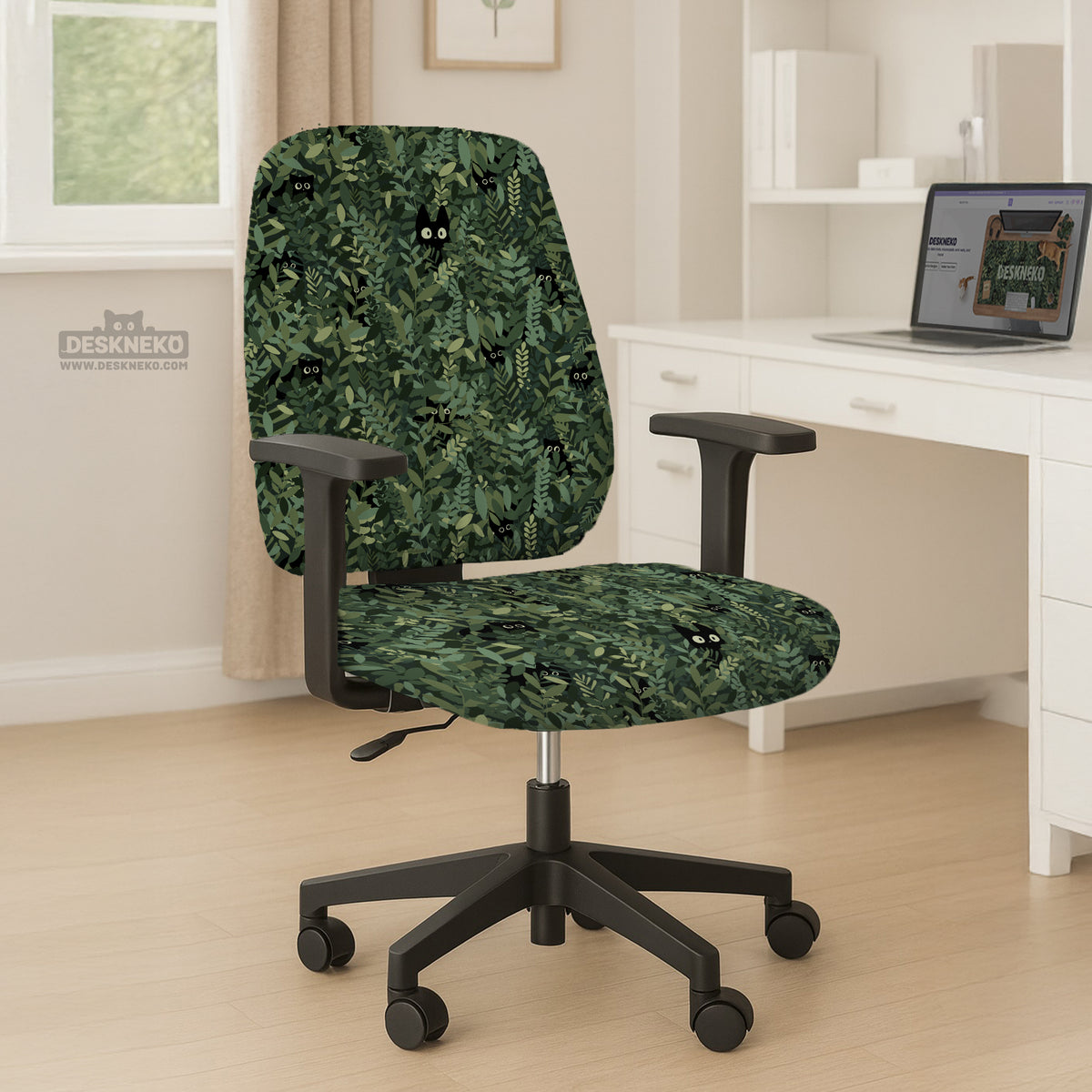 Gaming chair cover, green botanical cat office chair slipcover