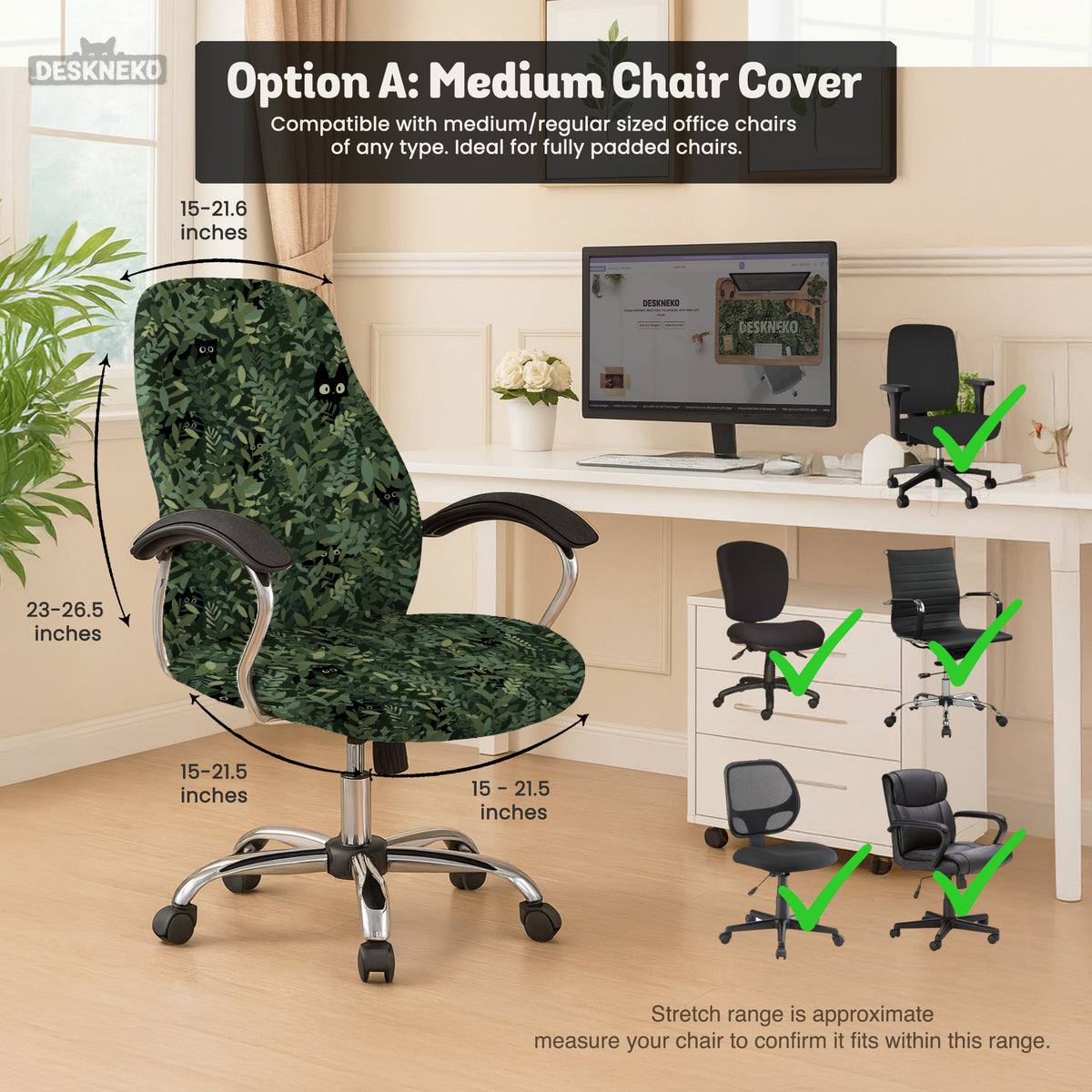 Gaming chair cover, green botanical cat office chair slipcover