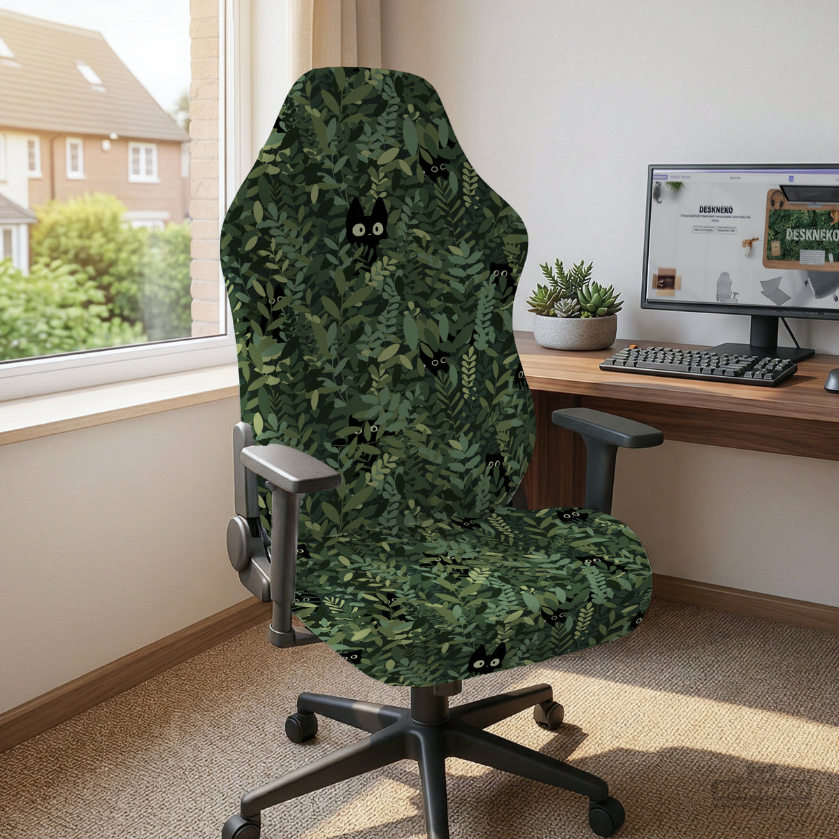 Gaming chair cover, green botanical cat office chair slipcover