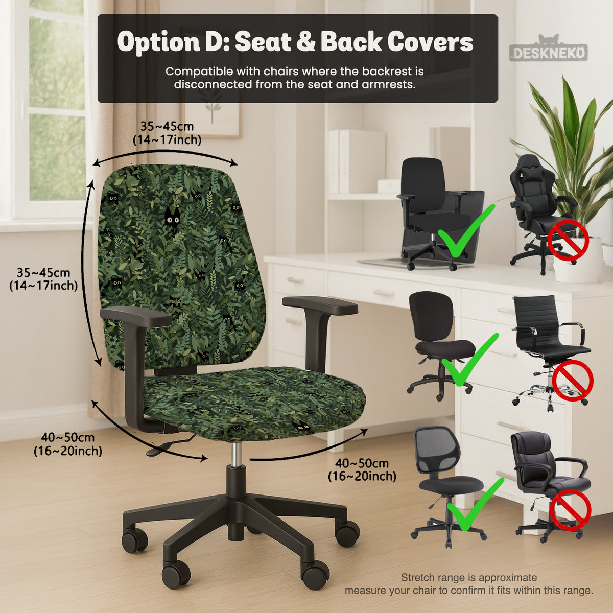 Gaming chair cover, green botanical cat office chair slipcover