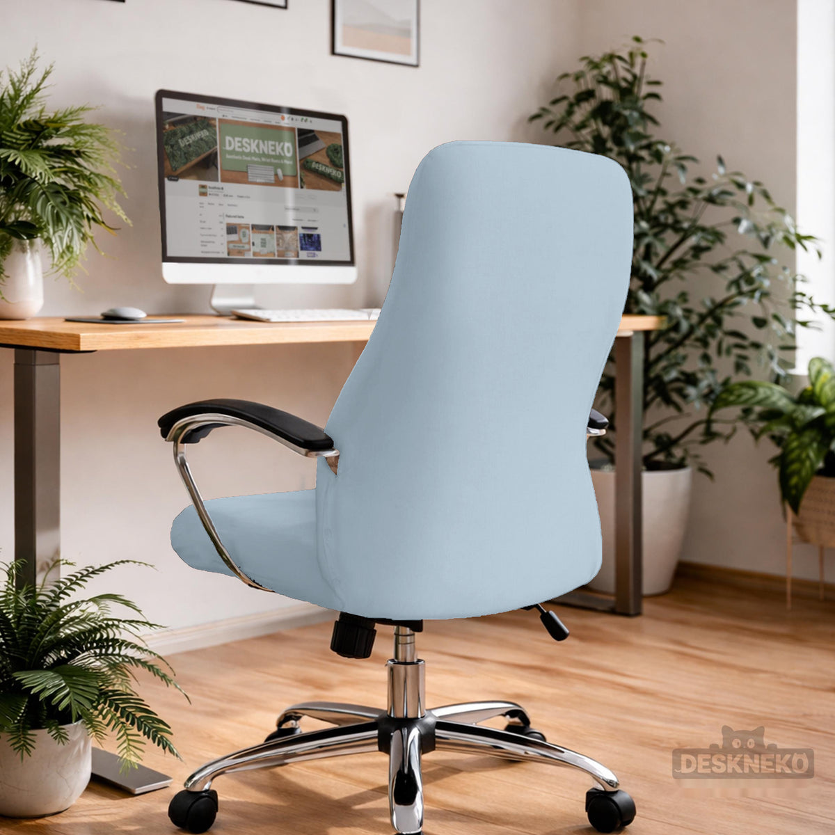 Blue Aura chair cover, coverage and construction view 2. Selected cover option only; chair and accessories not included.