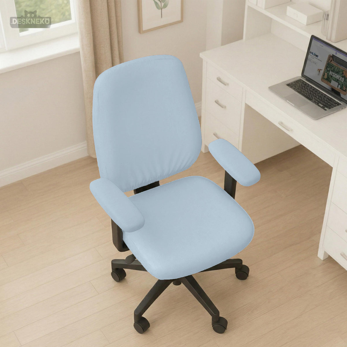 Blue Aura chair cover, coverage and construction view 3. Selected cover option only; chair and accessories not included.
