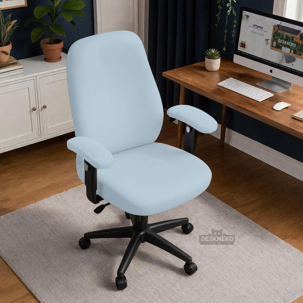Blue Aura chair cover, coverage and construction view 4. Selected cover option only; chair and accessories not included.