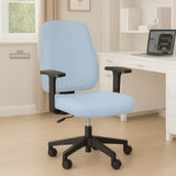 Blue Aura chair cover, coverage and construction view 5. Selected cover option only; chair and accessories not included.