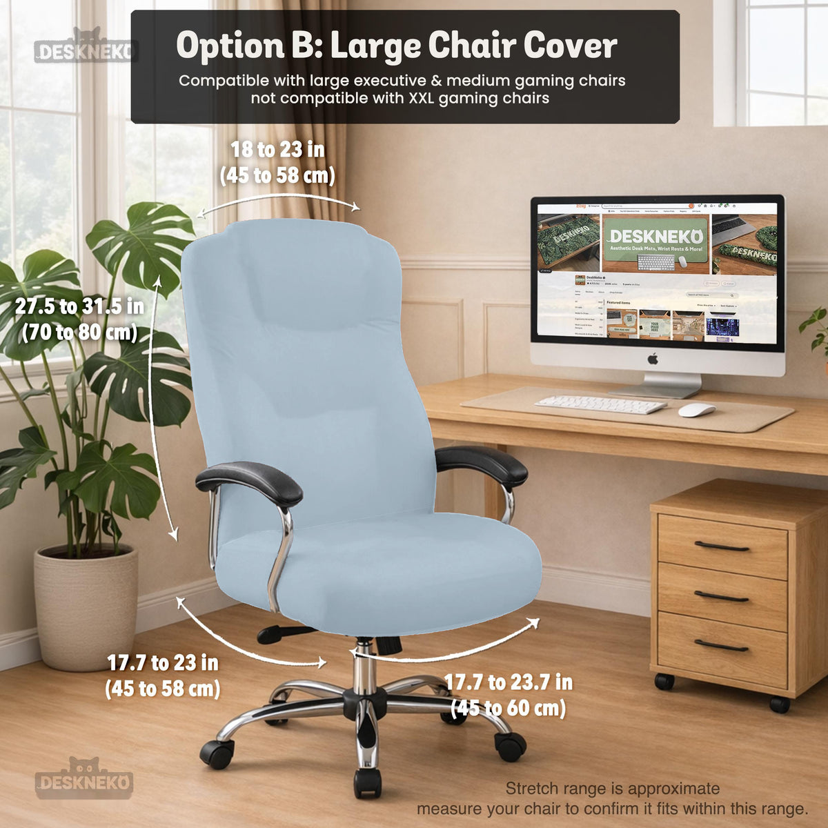 Blue Aura chair cover, coverage and construction view 11. Selected cover option only; chair and accessories not included.