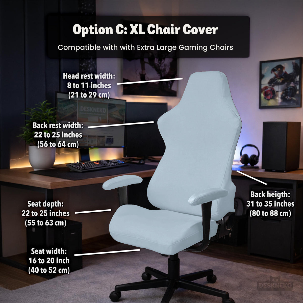 Blue Aura chair cover, coverage and construction view 12. Selected cover option only; chair and accessories not included.