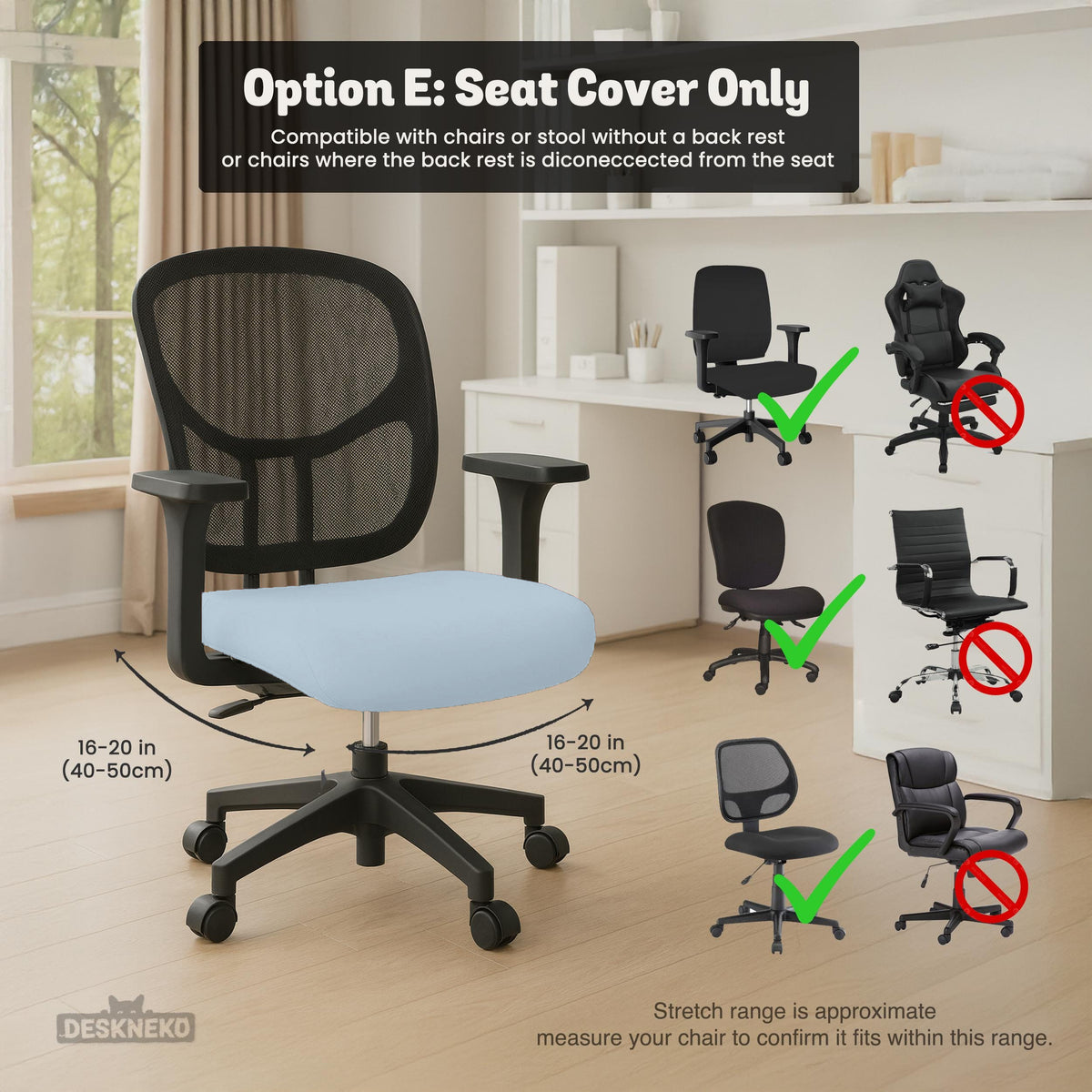 Blue Aura chair cover, coverage and construction view 14. Selected cover option only; chair and accessories not included.