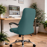 Rear view of teal chair covers on a chair with a chrome frame. Selected cover option only; chair and accessories not included.
