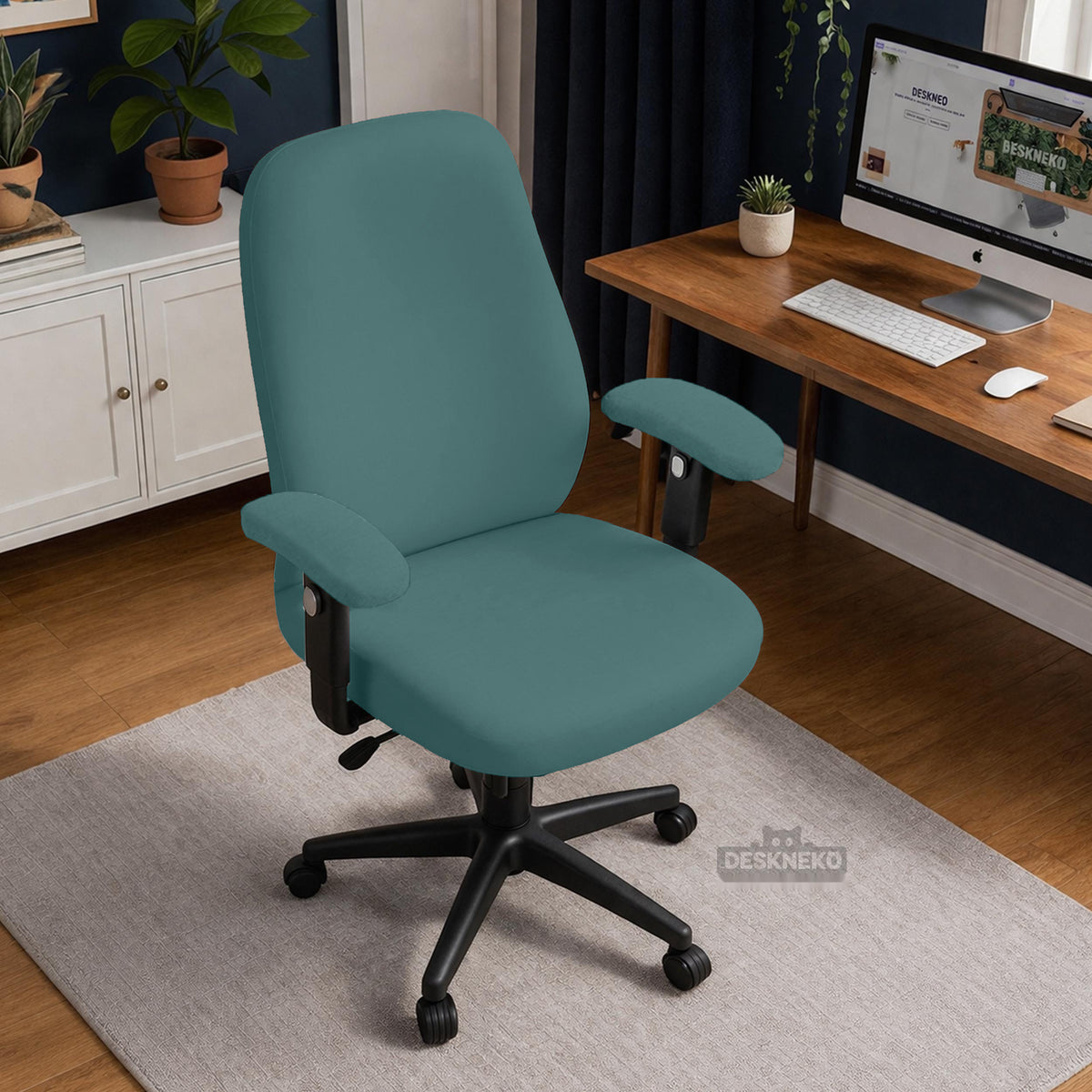 Teal office chair covers on the seat, back and armrest pads. Selected cover option only; chair and accessories not included.