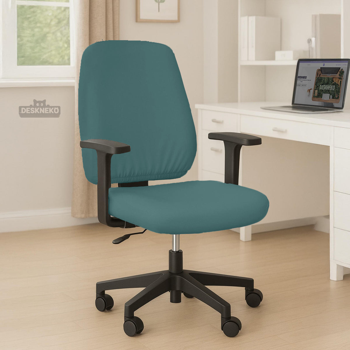 Separate teal seat and back covers on an office chair. Selected cover option only; chair and accessories not included.