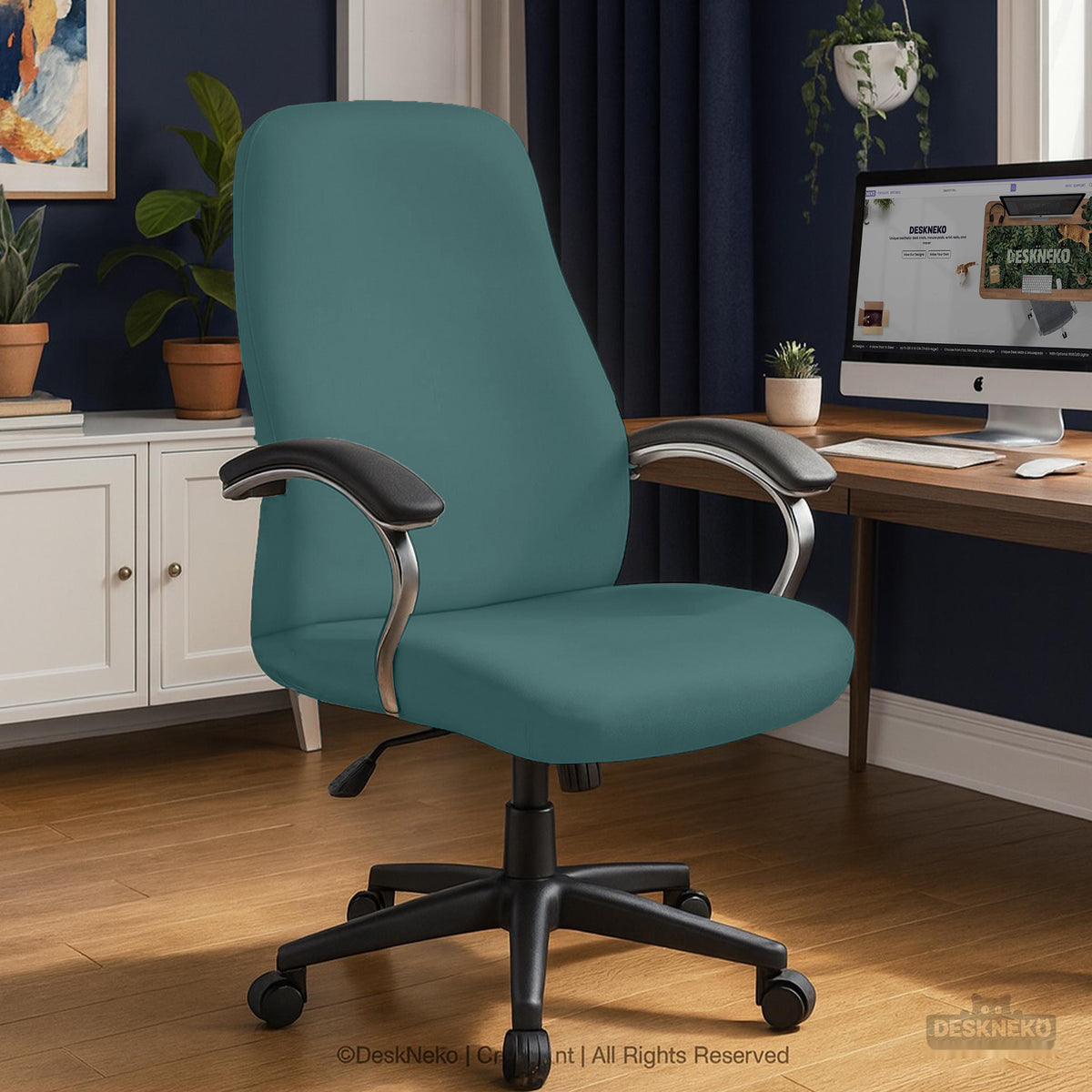 Teal seat and back covers on a chair with curved chrome supports. Selected cover option only; chair and accessories not included.