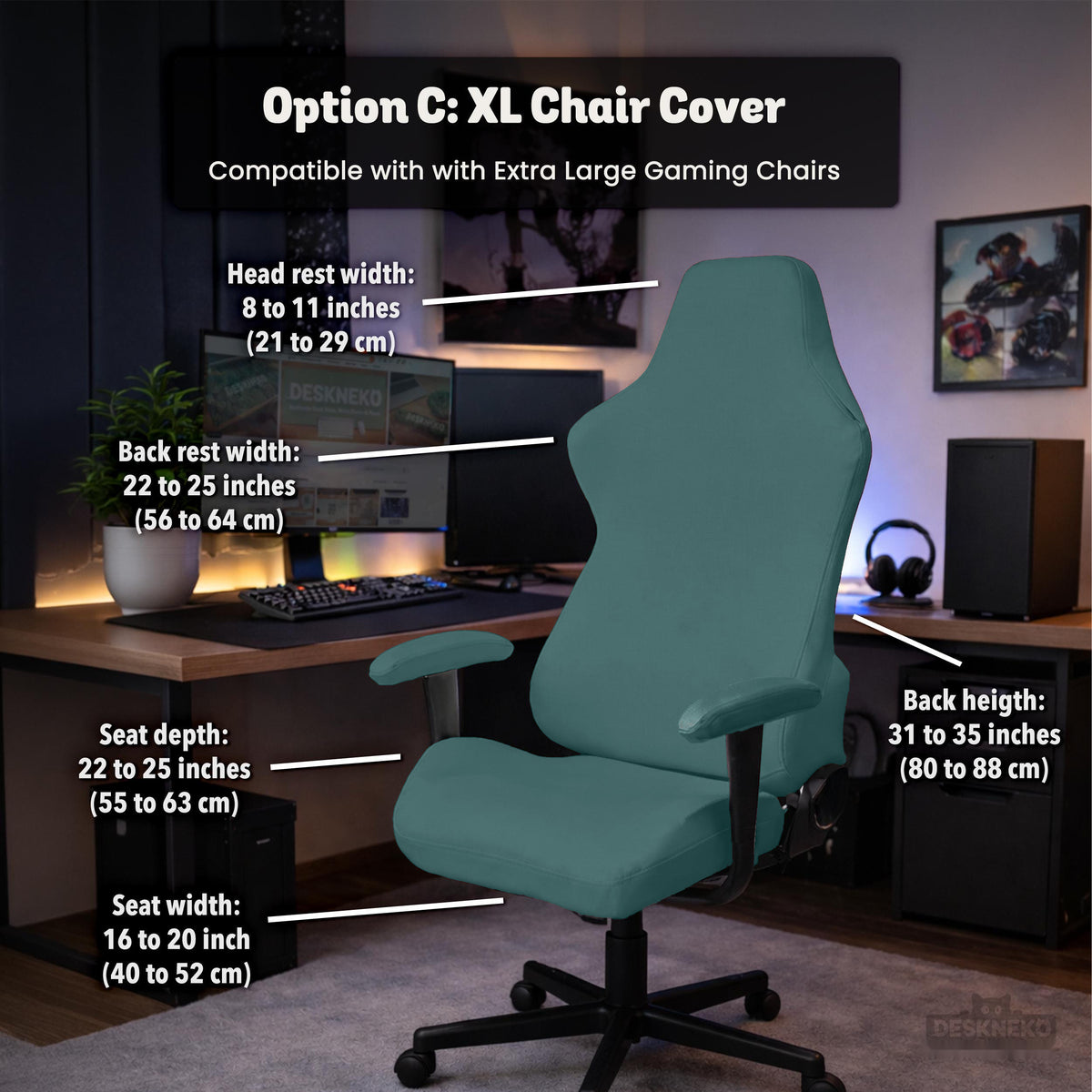 Option C teal chair cover size chart for the XL or gaming chair style. Selected cover option only; chair and accessories not included.